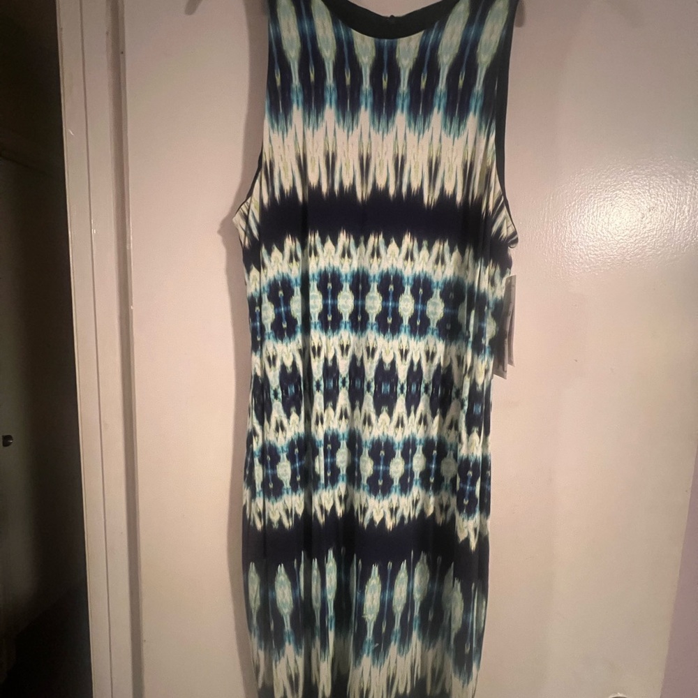 Karen Kane Navy Blue Teal and White Patterned Sleeveless Dress